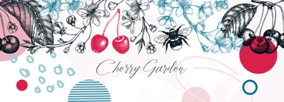 Collage-style spring background. Cherry blossom tree border in sketch style. Vector banner with hand drawn cherry berries, leaves, flowering branches illustrations. Vintage Sakura banner design